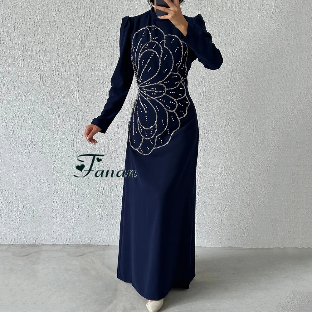 Customized Yipeisha Simple Black Jersey Long Women Evening Dresses Beading O-neck Full Sleeves Straight Floor Length robe de soi