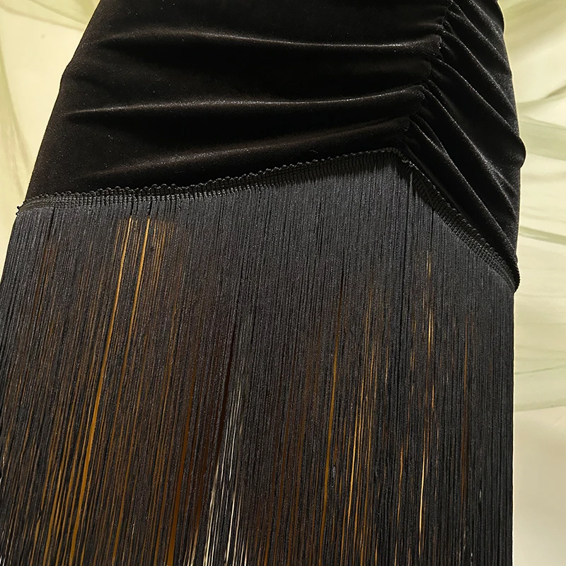 Latin Dans Pak Vrouwen Zwart Halter Backless Bodysuit Fringe Fluwelen Rok Volwassen Prestaties Dansen Jurk Oefenkleding VDL679