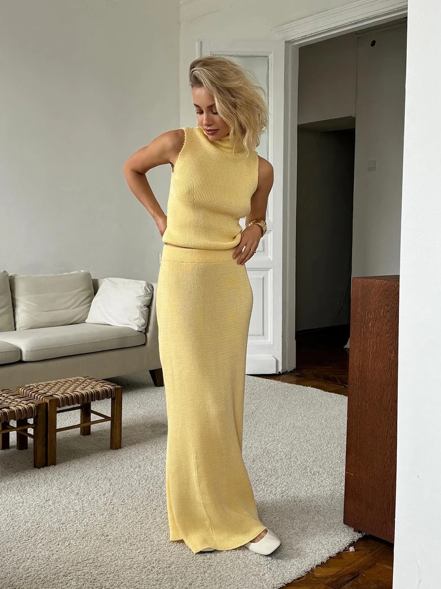 

Solid Knitted Slim Long Skirts Sets Women Summer Turtleneck Sleeveless Tank Tops Fashion Elegant Vintage Skirt 2 Piece Set New