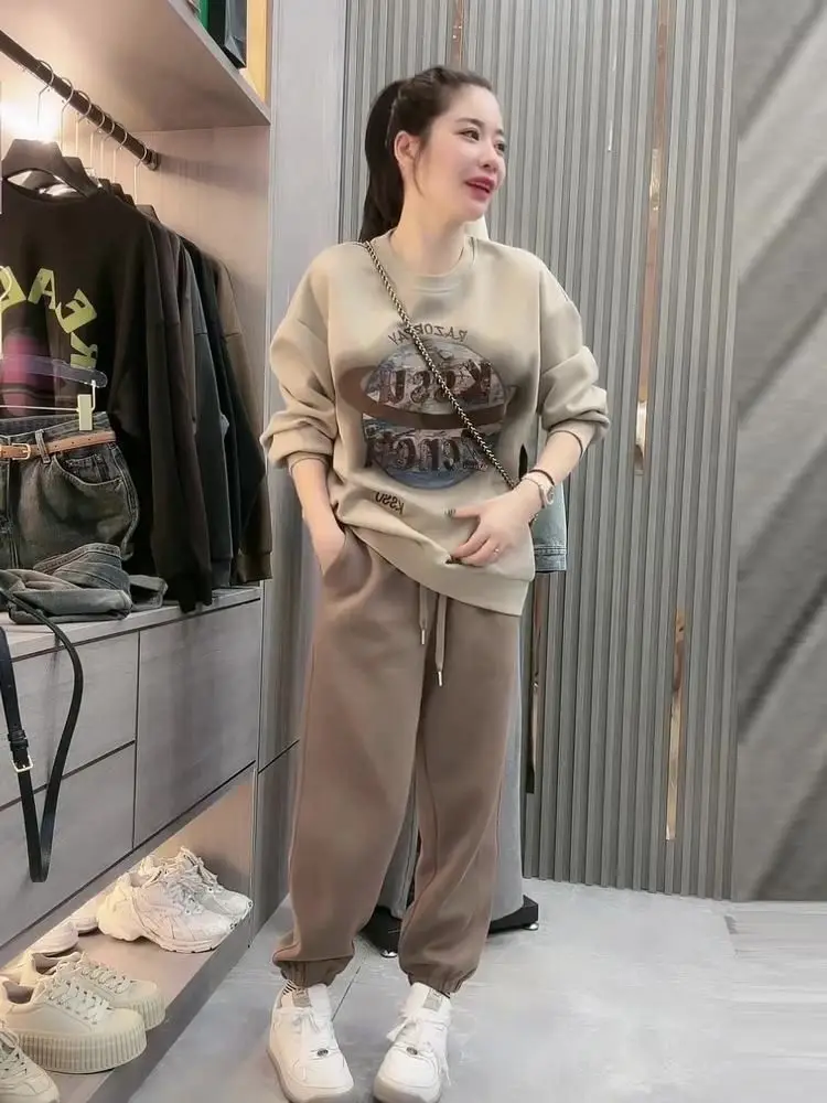 

Retro Long Sleeve Print Hoodless Sweatshirt Women's Set High Waist Slimming Casual Sweatpants Spring Matching Whole Set