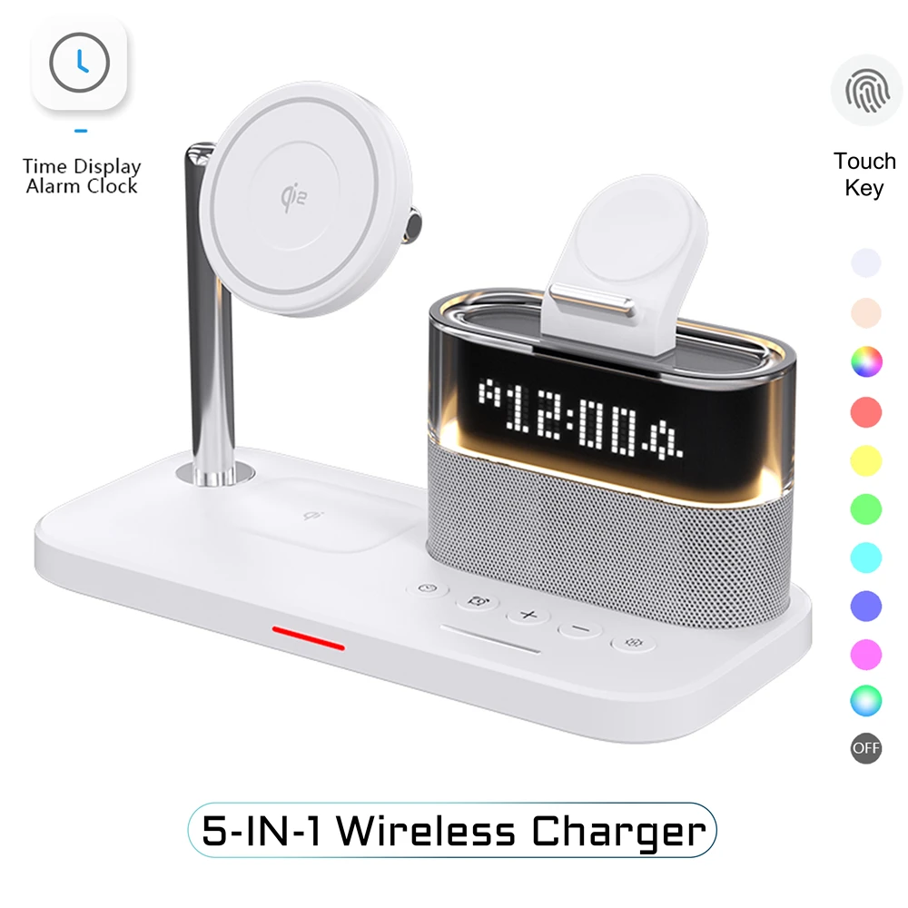 Alarm Clock Qi2 Wireless Charger Phone Holder Magnetic For Apple Air Pods iWatch iPhone MagSafe RGB Office Table Night Light