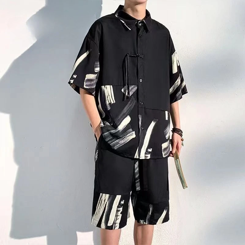 

Men's Shorts Set Print Graphic Black Male Shirts Short Sets Luxury Two Piece Korean Style 2025 Stylish Outfits Basic Two-piece