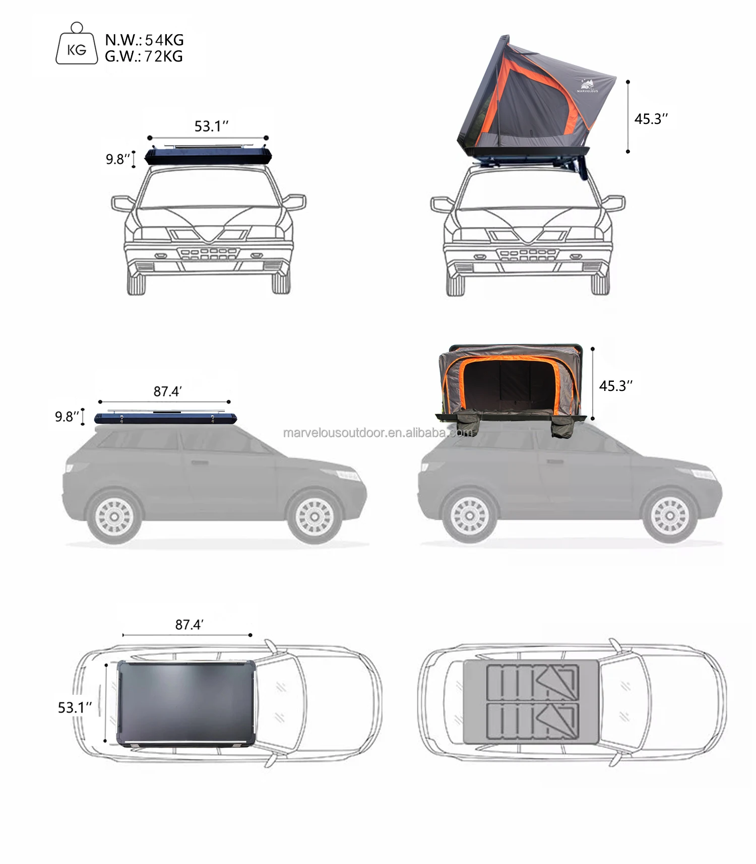 Hot Sale Clamshell Black Gray Hard Shell Roof Top Tent Camper Car Roof Top Tent Awning Tent 4x4 Offroad