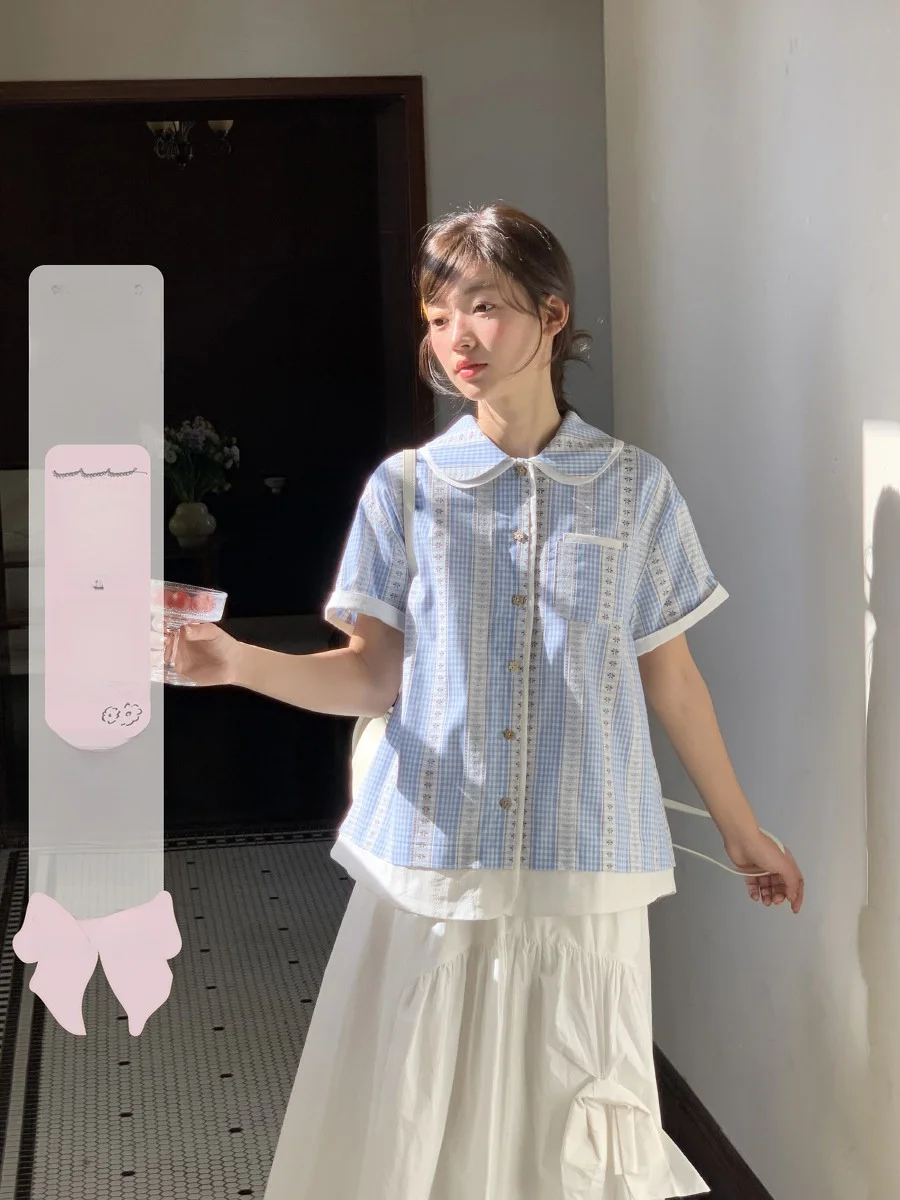 

Blue Plaid Embroidered ort Sve irt Women Double Layer Collar Jiang Jam Japanese Sle Fake Two-Piece Polyester Cotton ...