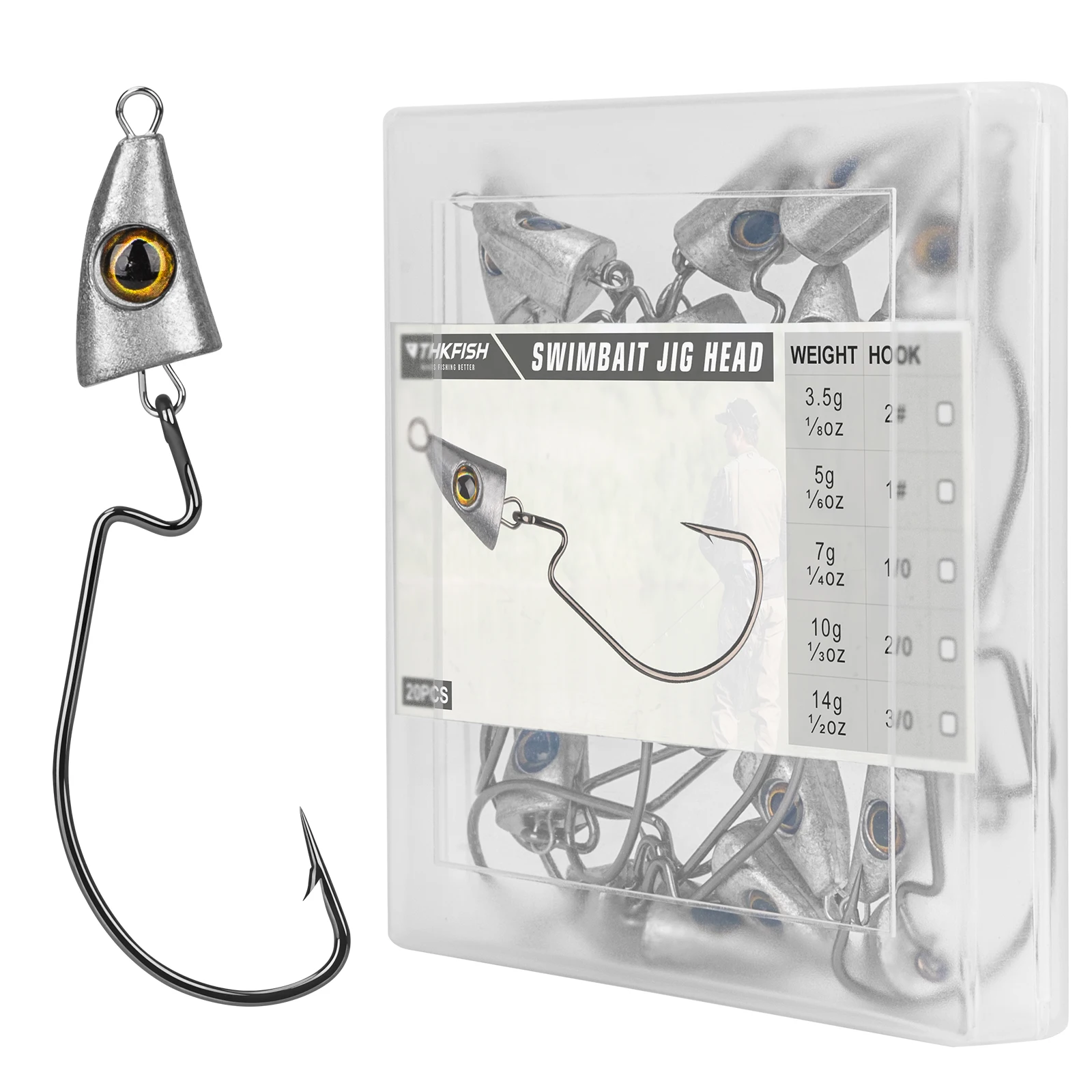 

THKFISH 20pcs Lead Head Fishing Hooks 3.5g 5g 7g 10g 14g Jig Heads High Carbon Steel Barbed Hook Simulated Fish Eye Offset Hooks