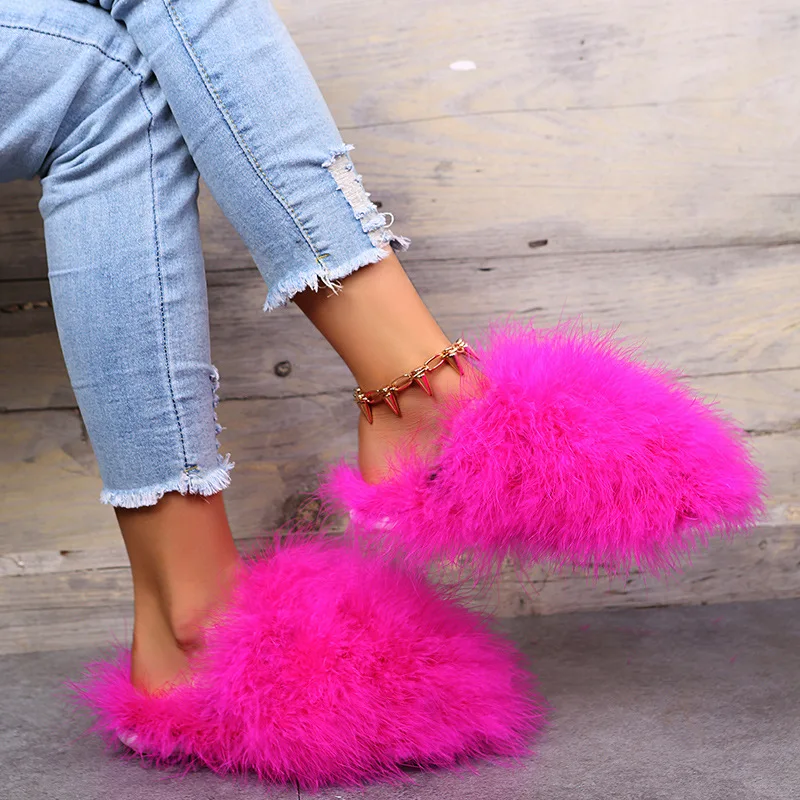 Hot Sale Fur Slippers Women Fashion Casual Shoes Round Head Slip-on Mueller Shoes Large Size 42-43 Modern Slippers Ladies