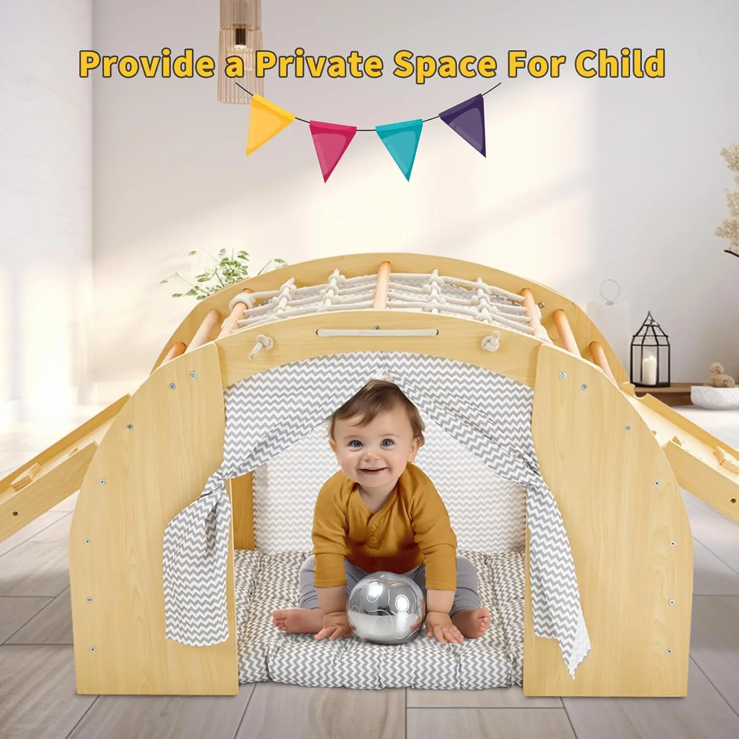 Jouets d'escalade pour tout-petits, 1 grimpeur d'arc avec 2 rampes pour coulisser ou monter, maison de gymnastique de jeu en bois d'intérieur avec coussin de tente et faire
