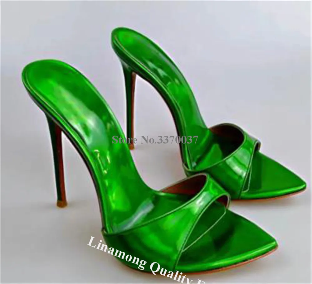 Patchwork Stiletto Heel Slippers Linamong Newest Pointed Open Toe One Strap Thin Heel Slip-on Sandals Sexy Big Size Dress Heels