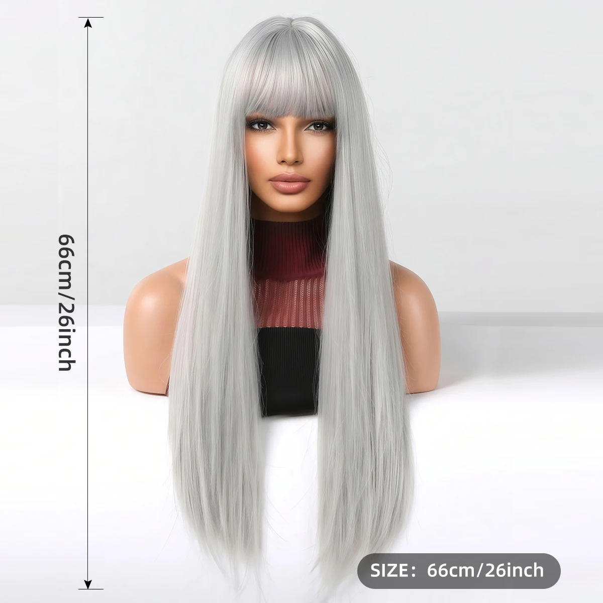 Silver Grey Straight Long Synthetic Wig for Women with Thick Bangs Smooth Silky Texture Harajuku Gothic Style for Anime Cosplay image 6