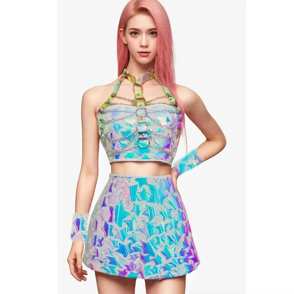 أزياء مثير ملون الترتر المرأة المحاصيل الأعلى وتنورة صغيرة مجموعة هالوين مهرجان حزب الجاز الرقص المغني مرحلة الأداء