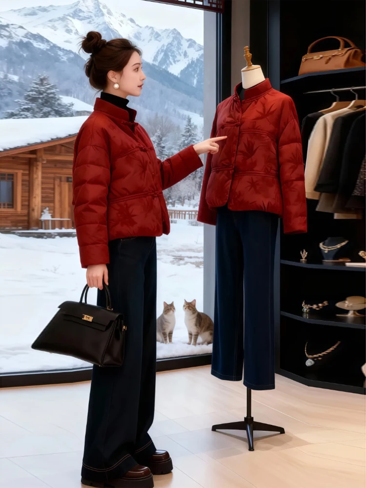 Red Short down Cotton Jacket Women's Stylish Unique Chinese National Style Coat Beautiful New Winter 2026 Fashion for Small F...