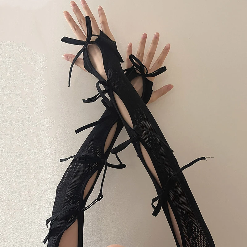 Women's Y2K Lace Long Fingerless Gloves Mesh See-through Arm Cute Lovely Sweety Bowknots Lolita Bridal Party Costume Hollow