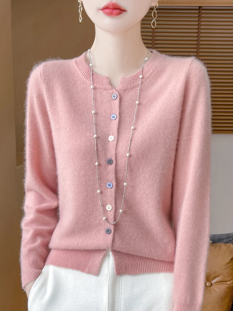 100% Merino Wool Sweater Women O-neck V-neck Cardigan Office Lady Knitwear Grace Cashmere Autumn Winter Comfortable Clothing Top
