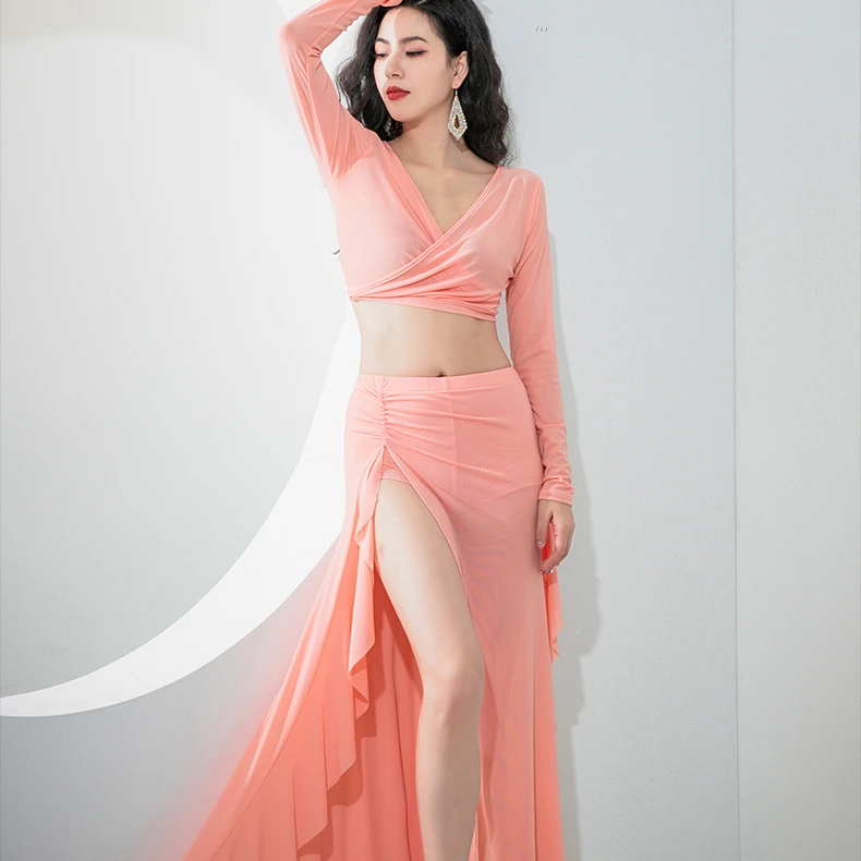 Costume de danse du ventre pour femmes, ensemble à manches longues, haut en maille + jupe, 2 pièces, Costume d'entraînement, vêtements de groupe Oriental, tenue de danse du ventre