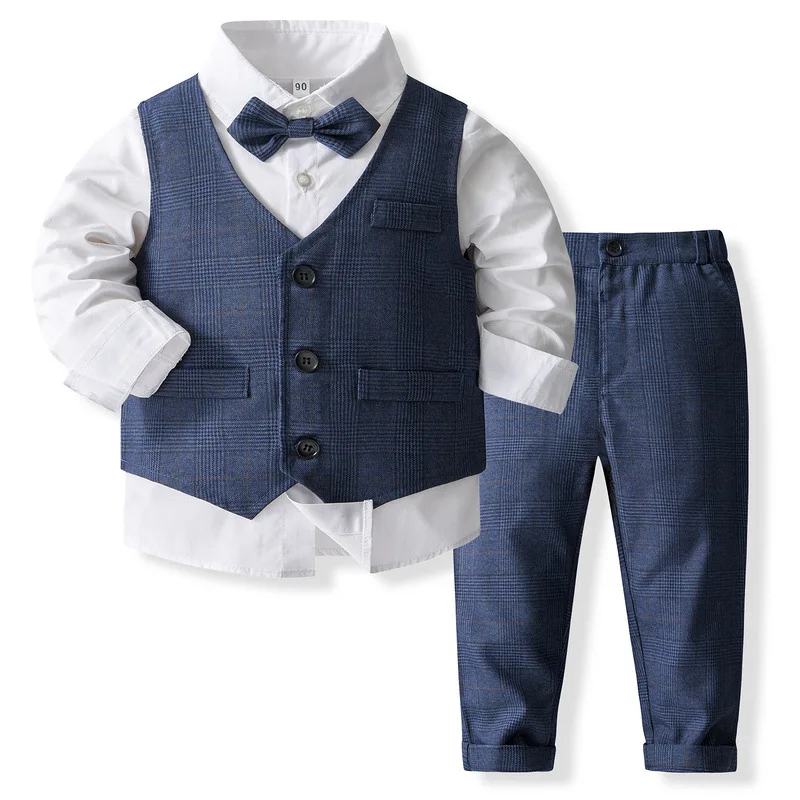 4Piece 2024 Spring Boys Outfit Set Fashion Gentleman Plaid Cotton Tops+Vest+Pants+Tie Kids Clothes Baby Boutique Clothing BC1538