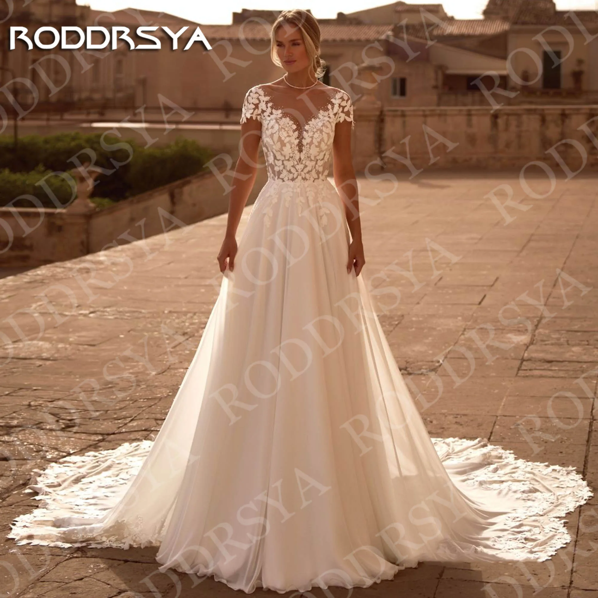 

RODDRSYA Short Sleeves Wedding Dresses for Woman Newest Illusion O-Neck Lace Applique Open Back A Line Bridal Dress Customized
