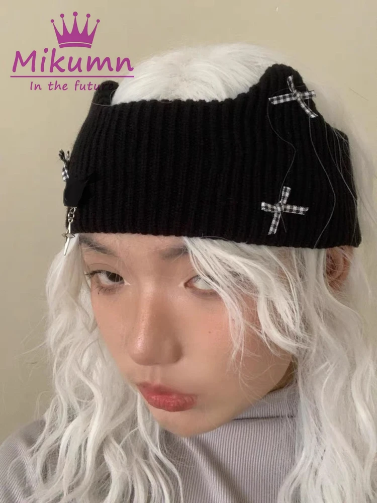 Harajuku Gothic Cat Ear dzianinowa opaska na głowę kobiety Y2k Grunge zimowy ciepły Headwrap dziewczyny Punk elastyczne nakrycia głowy akcesoria do