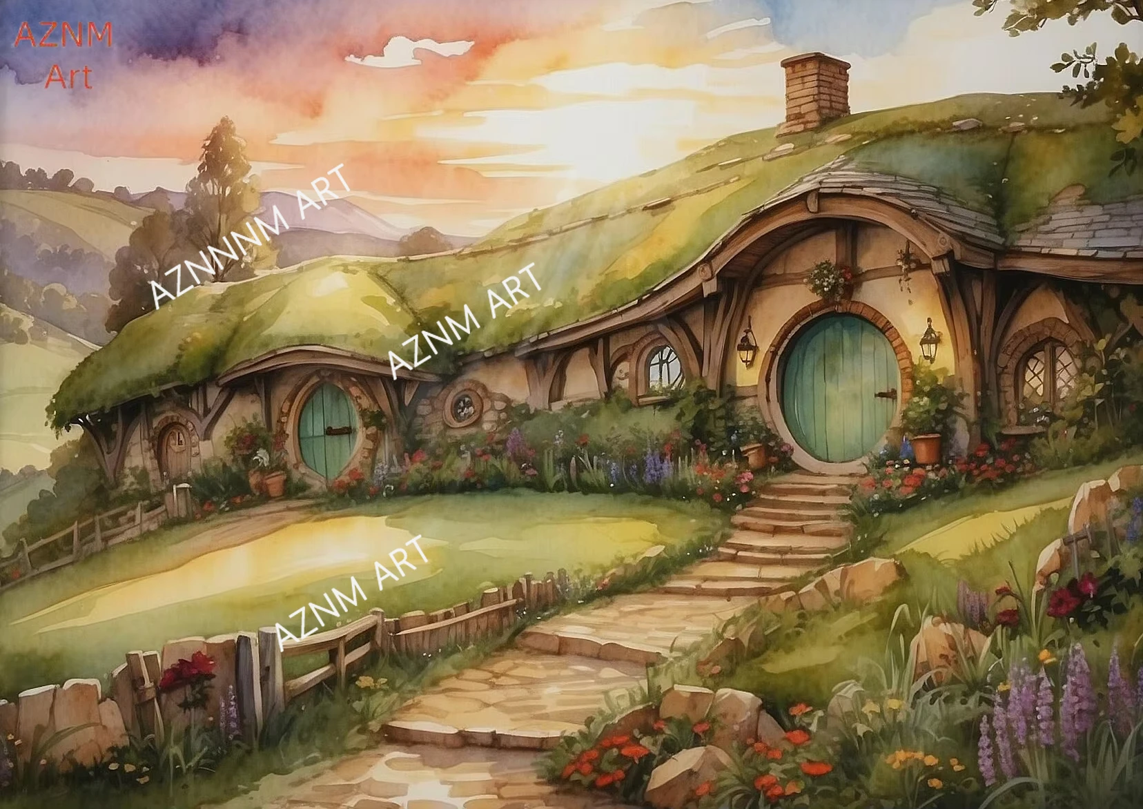 The S-Shire Watercolor H-Hobbiton Hole Bag End Wall Art Canvas Painting Landscapes Poster Print for Living Room Home Decor