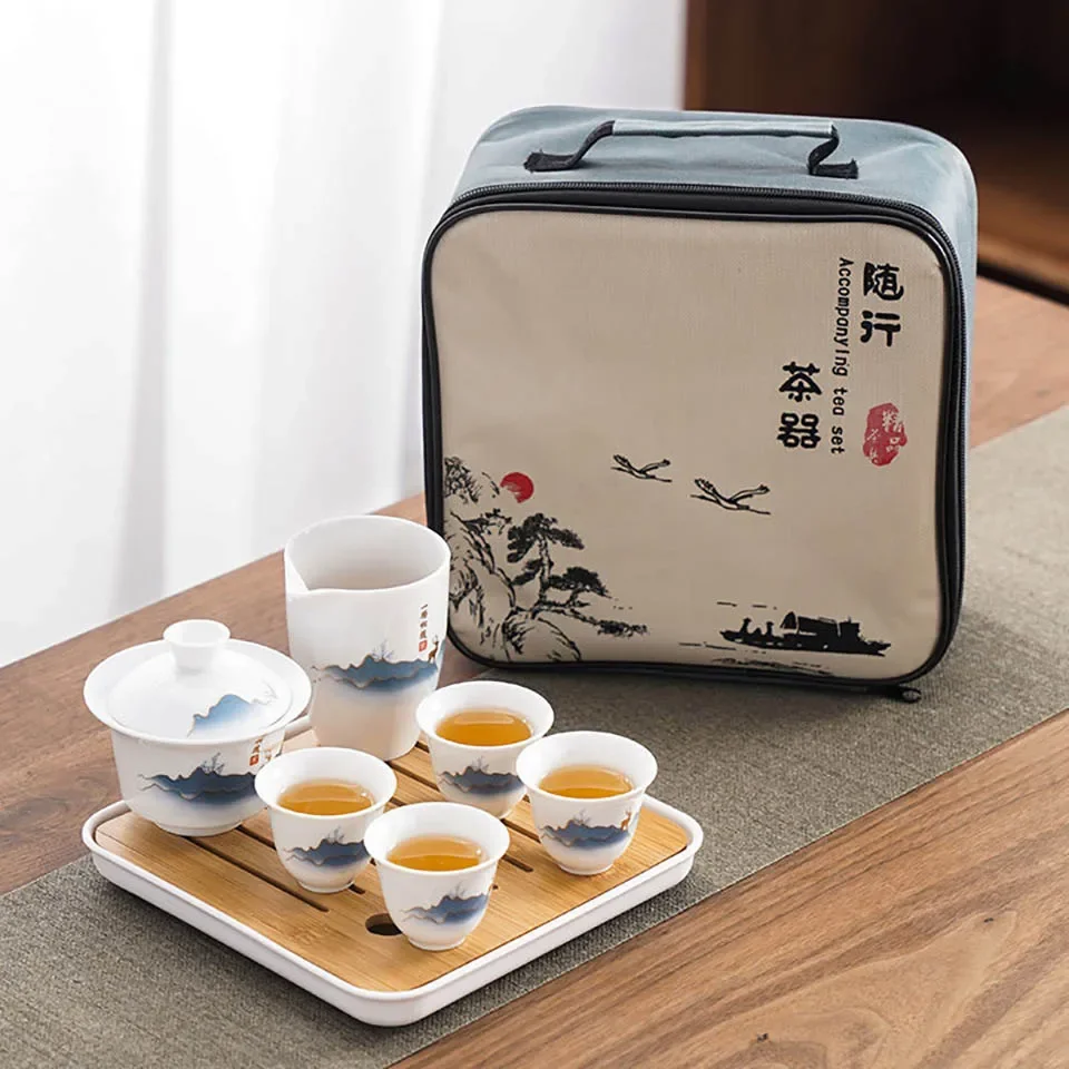 Ceramic Chinese Kung Fu Tea Set，Suitable For Travel Camping Portable  Gaiwan Tea Tray With 4 Tea Cups，tea infuser