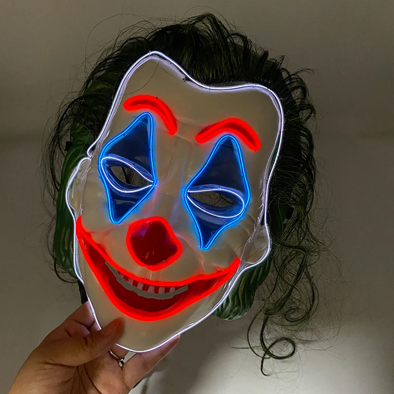 Maschera da clown a LED Maschera a tema spaventoso Costume da clown cosplay spettrale Puntelli Maschera divertente incandescente per uomo Maschera da clown dai capelli verdi Maschera rossa