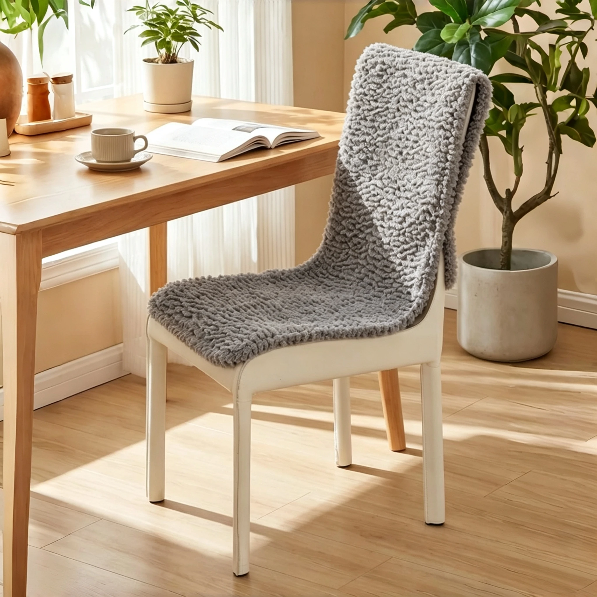 1pc Fluffy Textured Sherpa Non-Slip Chair Cover, for Dinning Chair Decoration Solid Colour Slipcover