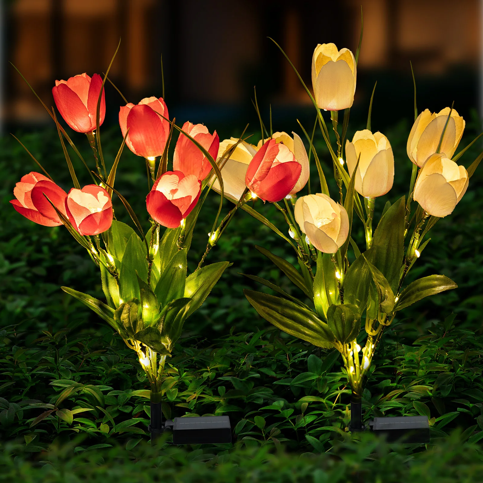 

2pcs Solar Powered 7 Fork Tulip Flower Lights Ground Simulation Flowers LED Outdoor Patio Lawn Decoration Lights Wedding Party