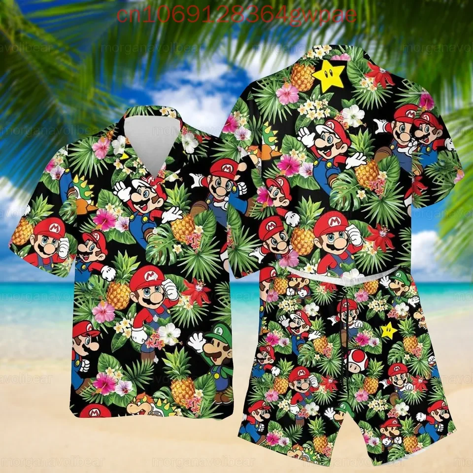 Super Mario Bowser Hawaiian Shirt Shorts Set Summer Men's Women's Casual Vacation Short Sleeve Beach Shirt Shorts Two-Piece Set