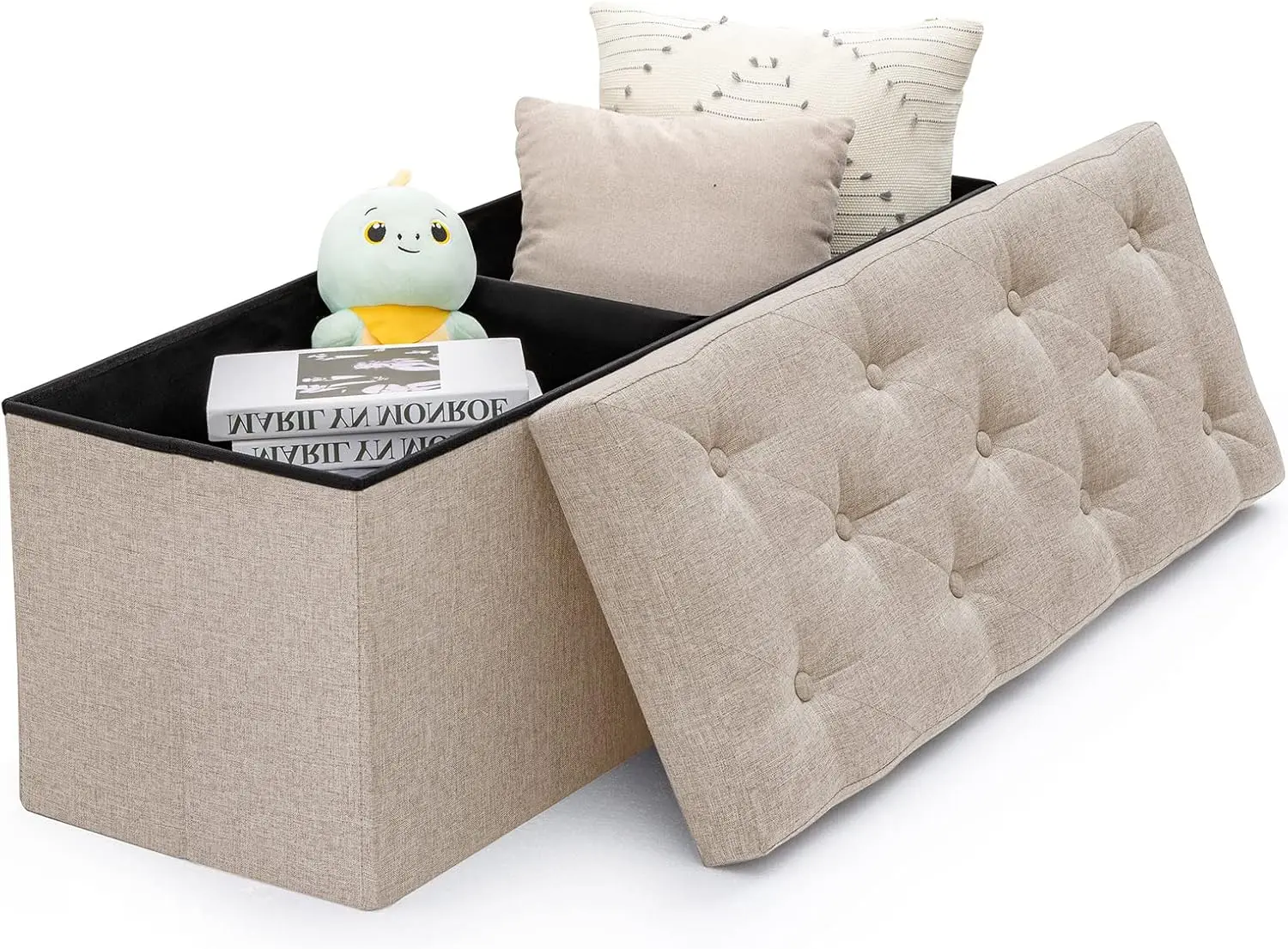 

43 Inch Ottoman With Storage, Linen Storage Ottoman Bench, Folding Ottoman Storage For Bedroom And Living Room - Beige
