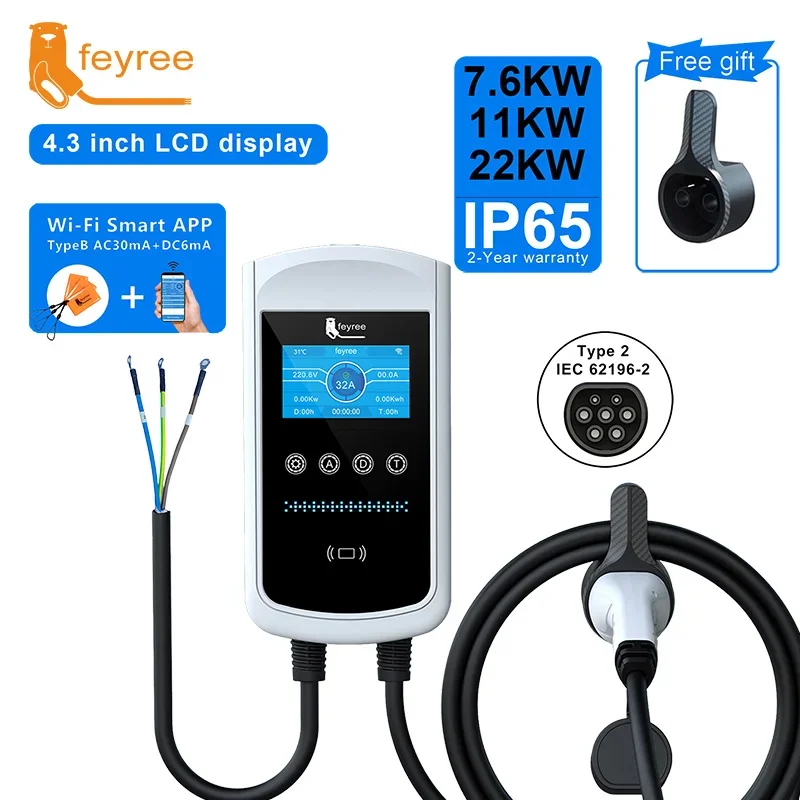 feyree Type2 EV Charger 32A 7.6KW Charging Station Car Charger 11KW 22KW 3Phase EVSE Wallbox 4.3inch Screen Smart APP Control