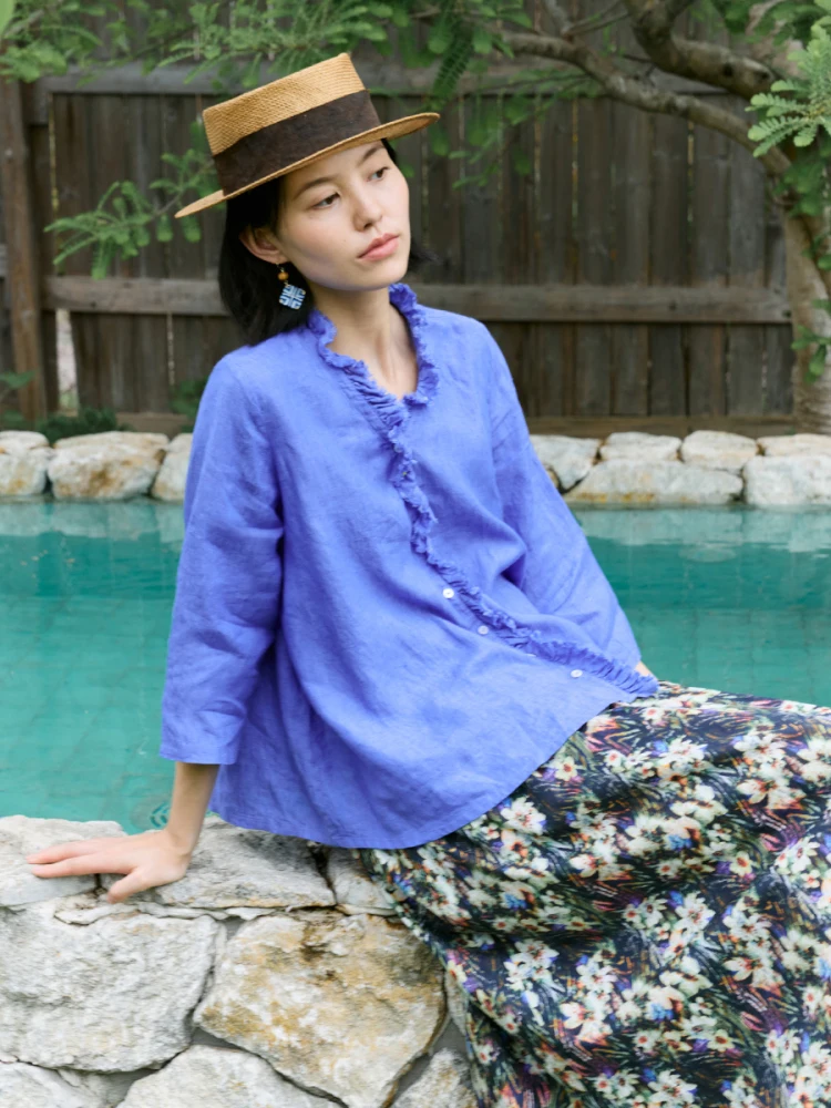 

ZBWY Весна-Лето Новинка: Льняной топ с высоким содержанием льна, цвета синий с багрянином, свободный крой, оригинальный дизайн, без бренда.