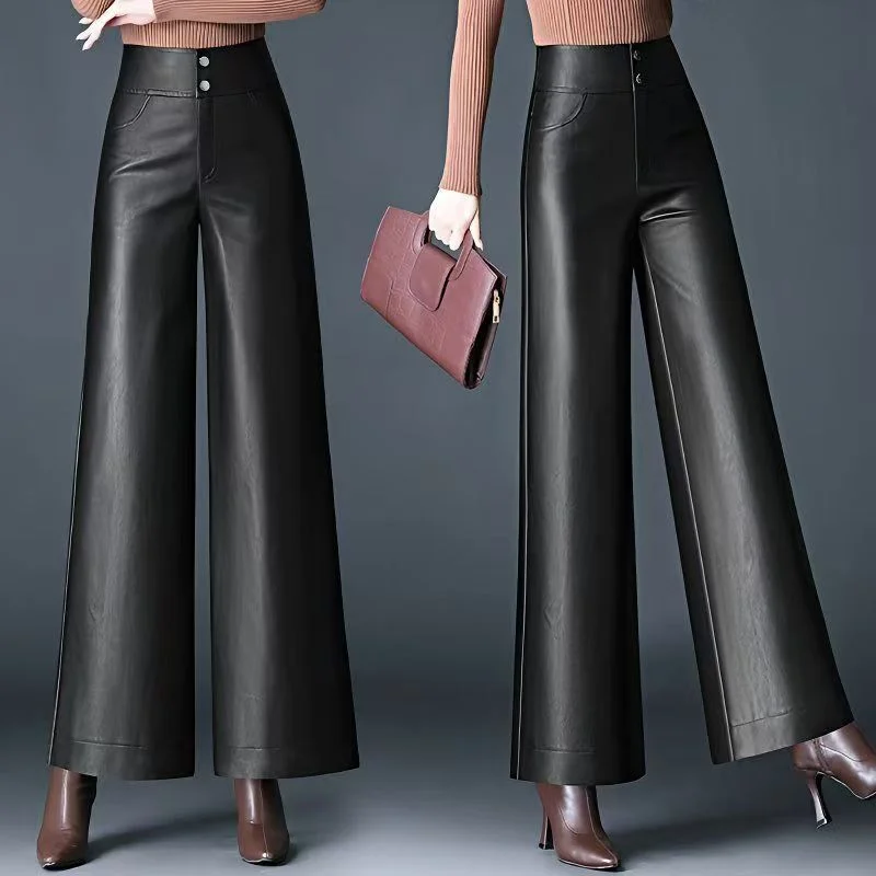 Women's High Waist Loose PU Leather Pants Autumn Winter Windproof Waterproof Straight Leg Pants Casual Fashion Ladies Trousers