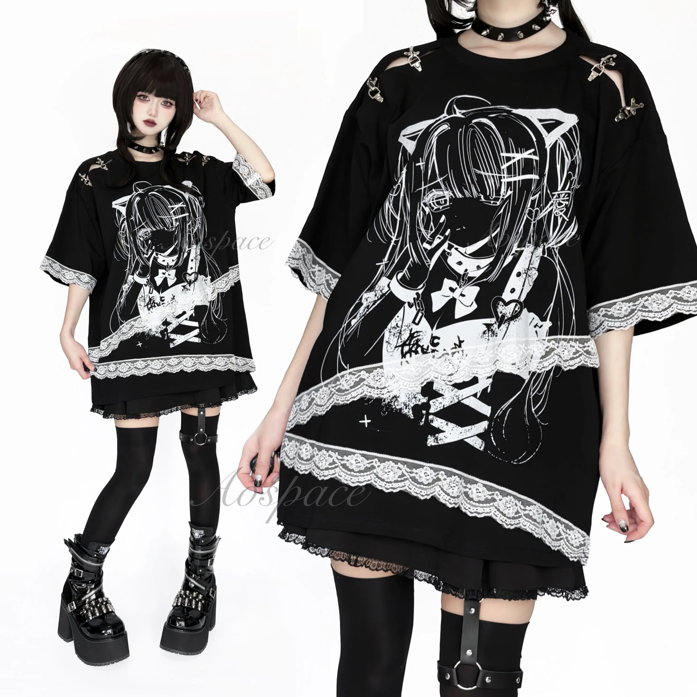 Original Comic Print Tie-dye Lace Decorative Buckle Dark Short-sleeved T-shirt Summer Gothic Vintage Clothes Oversized T Shirt
