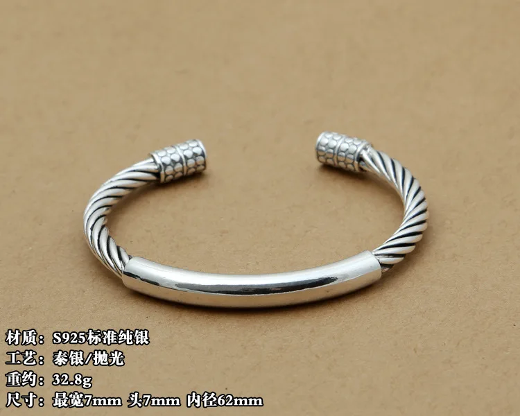 S925 Pure Silver Jewelry Thai Silverhemp Rope Twisted Lines Strip Openings Bracelet Jewelry Bangle