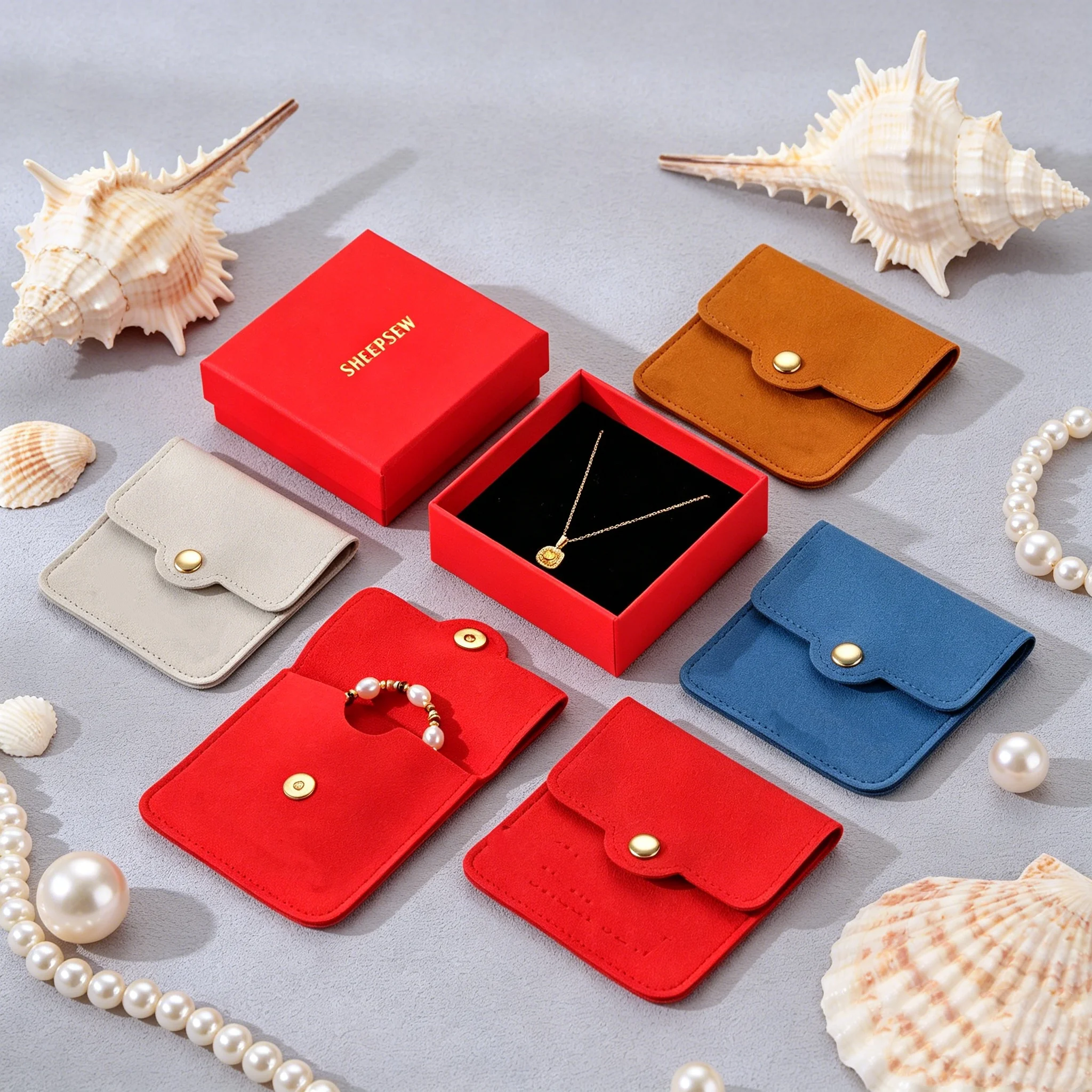 SheepSew Gold Snap Button Closure Microfiber Jewelry Pouch Custom Logo Dustproof Envelope Packaging Pouch For Jewelry Storage &