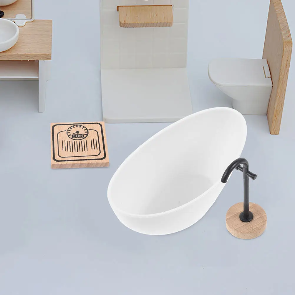 

1Set Dollhouse Bathroom Accessories 1:12 Scale Miniature Bathtub Toilet Floor Faucet Mini Furniture Set for Home Decor Play