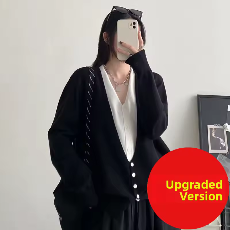 회색 스플라이스 브이넥 니트 오픈 가디건