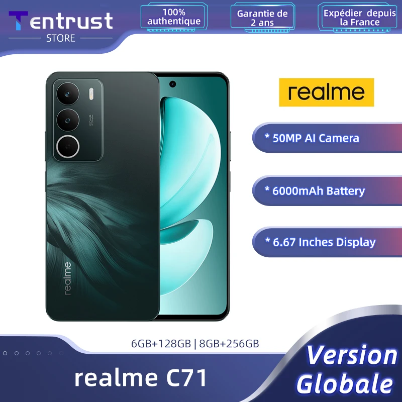 Realme ? Smartphone C71 4G, Version mondiale, 6.67 pouces, 120Hz, affichage du confort des yeux, batterie 6000mAh, camra AI 50MP, Chipset octa-core