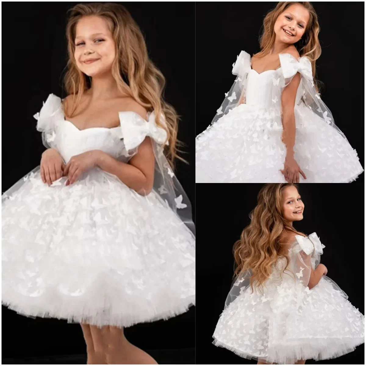 

Flower Girl DressesWhite Flower Girl Dresses For Wedding Bow 3D Butterfly Appliques Knee Length Baby Kids Birthday Dress First H