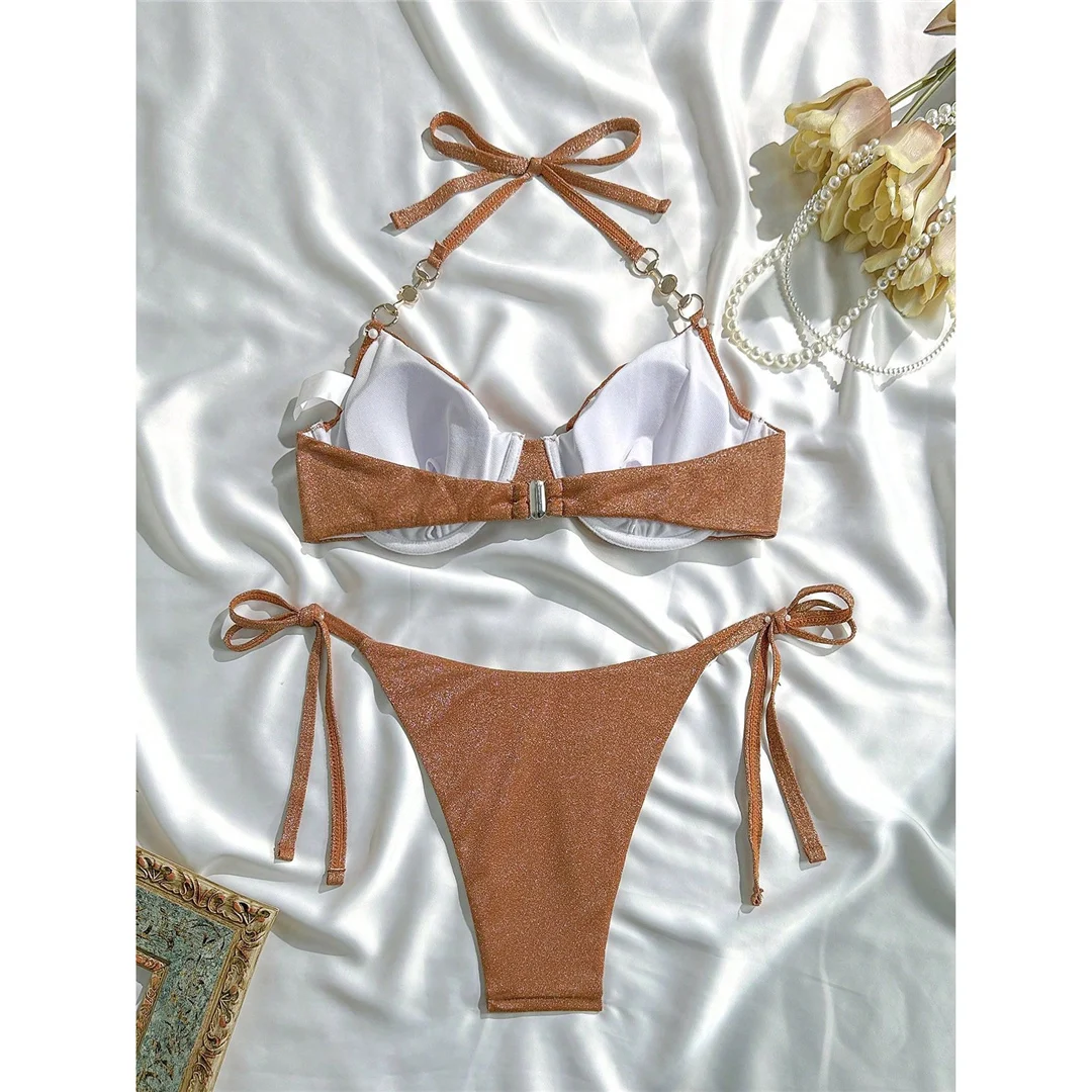XS - L Glänzender Neckholder-Bikini mit Perlen und Bügel, Damen-Badeanzug, zweiteiliger Bikini-Set, Badebekleidung, Badeanzug, Schwimmbekleidung V6948 – Detail 9