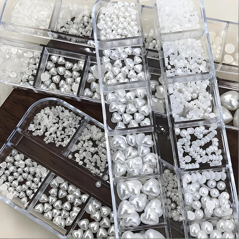 

1 Box Flat-back 3D Acrylic Nail Art Rhinestones Round Love Heart Pearl Accessories For Manicure Decor Nails Decoration Material