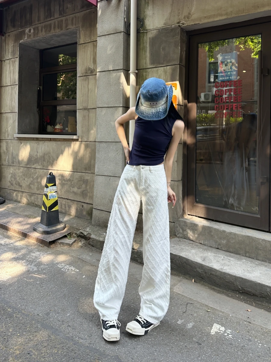 

Tristine2024 новые летние белые ромбовидные вышивки с высокой талией, прямые широкие джинсы, женские рваные брюки, повседневная мода