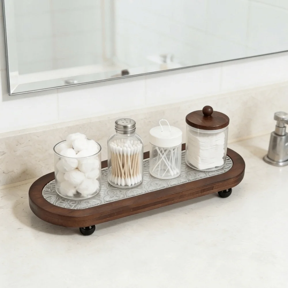 Embossed Pattern Oval Wooden Decorative Tray Round Ball Feet Large Capacity Toothbrush Cup Holder Space Saving 2