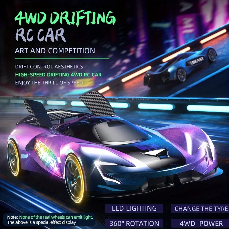 SG208PRO 4WD RC Drift Car – Chameleon Paint & RGB Lights, Adjustable Wing, Swap Tires, 360° Spin, 2.4GHz Remote, Car