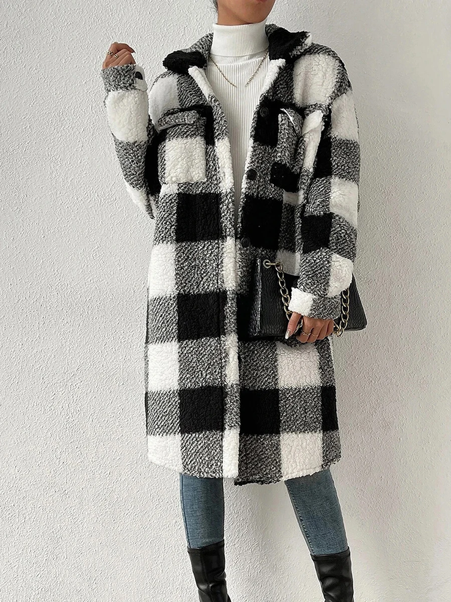 

Women s Winter Coat Fuzzy Fleece Sherpa Jacket Long Sleeve Button Down Coat Black White Grid Plush Warm Outerwear