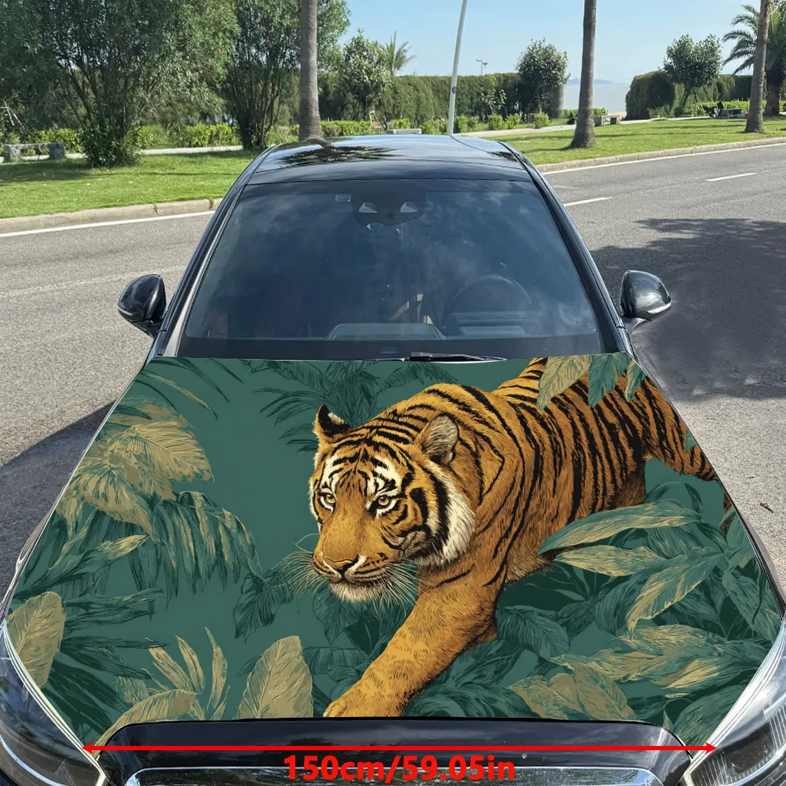 Car Decal Tiger Amid Tropical Foliage in Artistic Background & Wild-Vibrant Visual Details Car Hood Sticker, Waterproof Self - A
