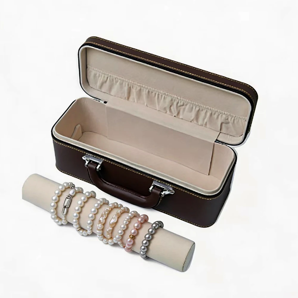 

Brown Bracelet Jewelry Storage Box Velvet Bangle Cushion Holder PU Beads Chain Display Case Bangle Necklace Packaging Box