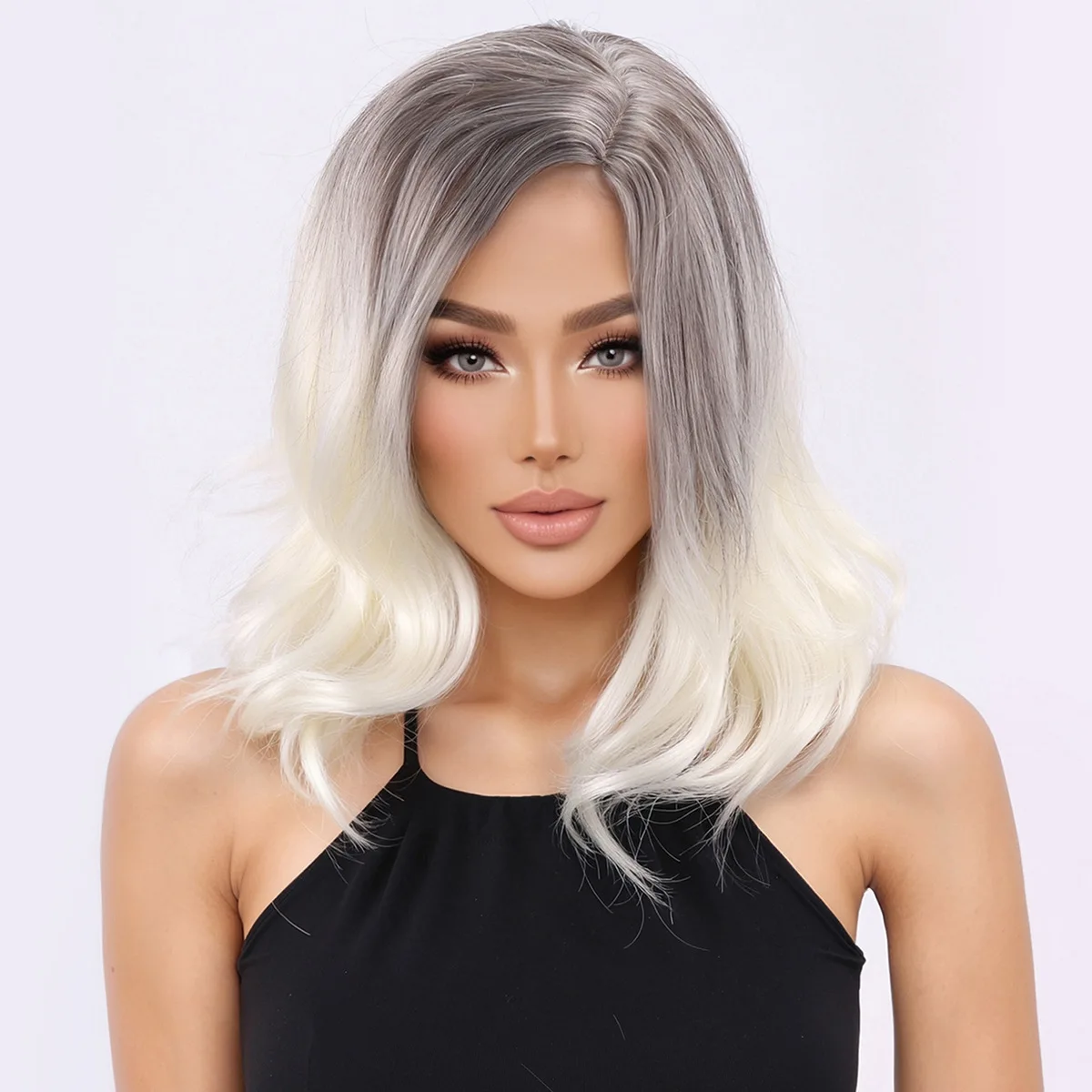 European and American wig women's black gray gradient slightly curled medium long hair headband-Synthetic fiber wig