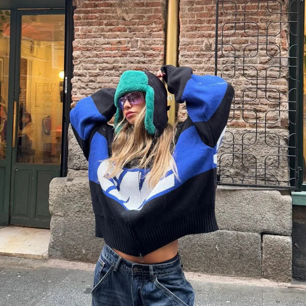 

Retro Contrasting Knitted Cardigan Autumn and Winter Women's Fashion Letter Embroidery Warm Daily Campus Travel Casual Sweater