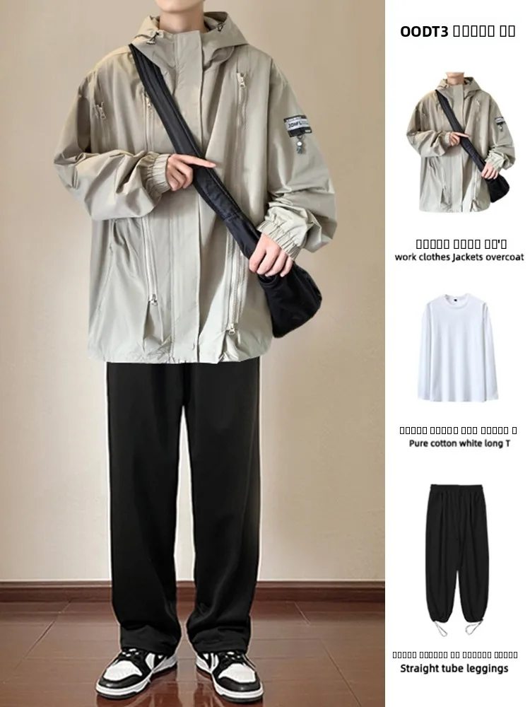 

Комплект мужской повседневной рабочей одежды для активного отдыха: футболка и брюки из полиэстера, с длинным рукавом, на молнии, в американском стиле, для путешествий