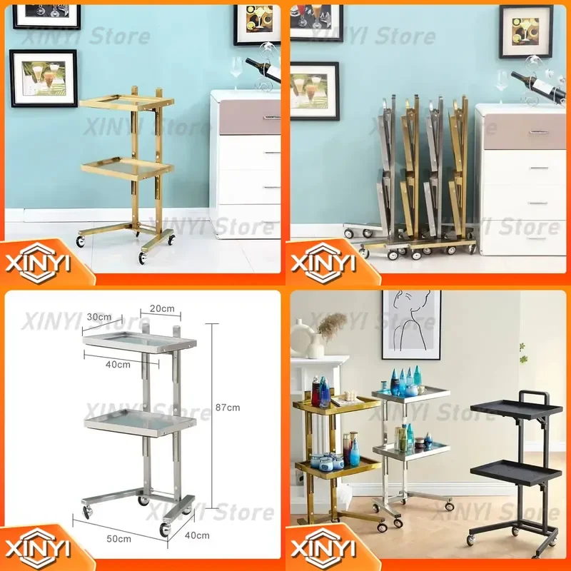 Stainless Steel Salon Trolley for Light Luxury Beauty Salon Furniture Folding Tool Cart with Wheels for Japanese Home Rack